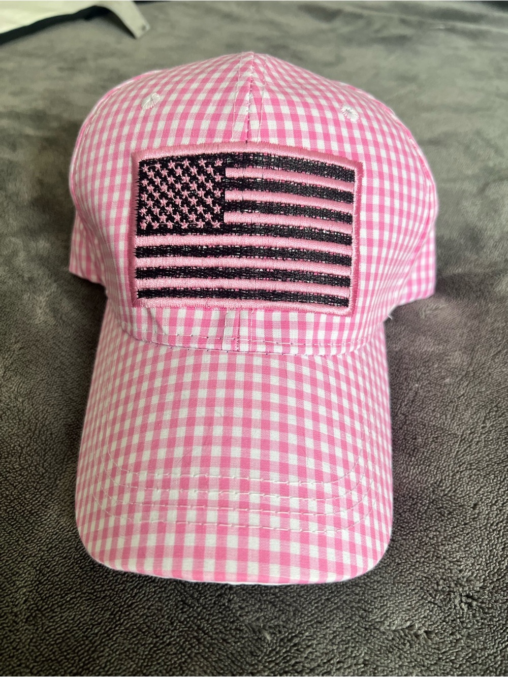 Pink Gingham hat with American Flag embroidered
